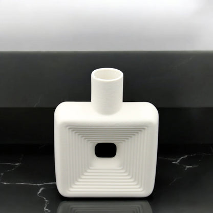 Modern White Square Ceramic Vase with Geometric Cutout Design – Minimalist Matte Finish Decorative Accent for Home, Office, Living Room, Shelf & Table Styling - Damoo