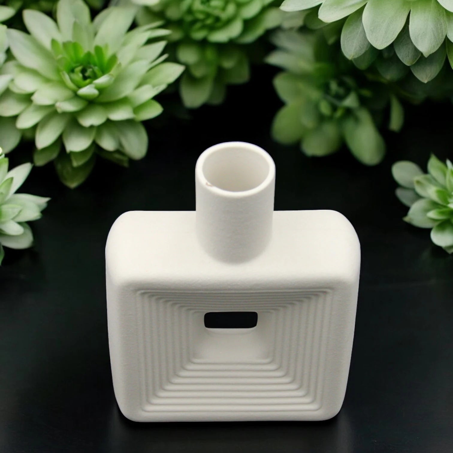 Modern White Square Ceramic Vase with Geometric Cutout Design – Minimalist Matte Finish Decorative Accent for Home, Office, Living Room, Shelf & Table Styling - Damoo