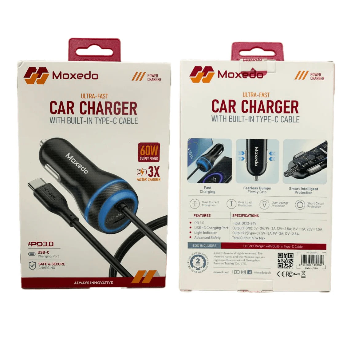 Moxedo 60W PD USB-C Car Charger with Built-in Type-C Cable | Compact Fast Charging Adapter for iPhone, Samsung, LG, Kindle & More | Overheat & Overcurrent Protection - Damoo