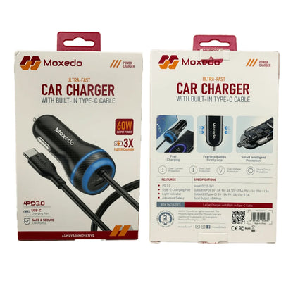 Moxedo 60W PD USB-C Car Charger with Built-in Type-C Cable | Compact Fast Charging Adapter for iPhone, Samsung, LG, Kindle & More | Overheat & Overcurrent Protection - Damoo