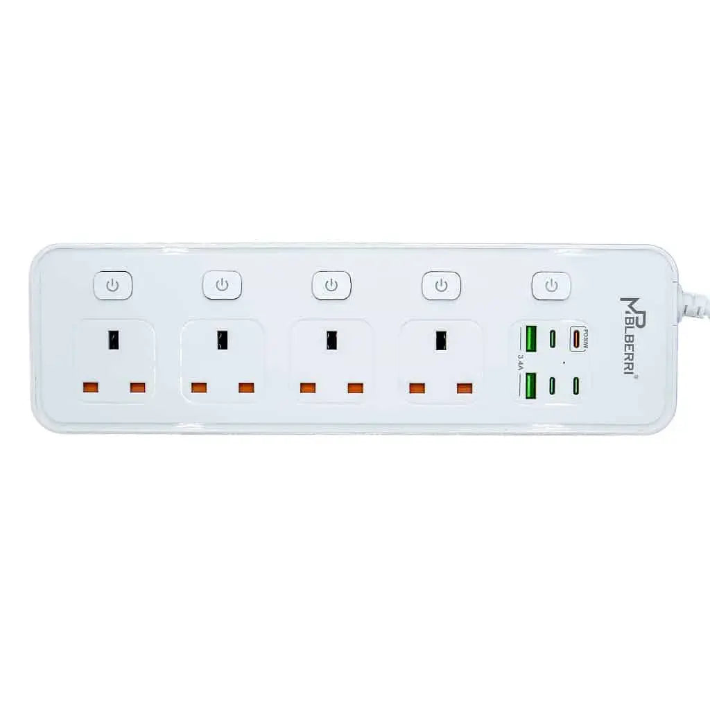 mpBLBERRI 3250W Power Strip Extension Cord – 3 Meter, 4 AC Sockets + 4 PD Fast Charging Ports + 2 USB Outputs – Fireproof PC Housing, Universal Voltage 100V-250V – White - Damoo