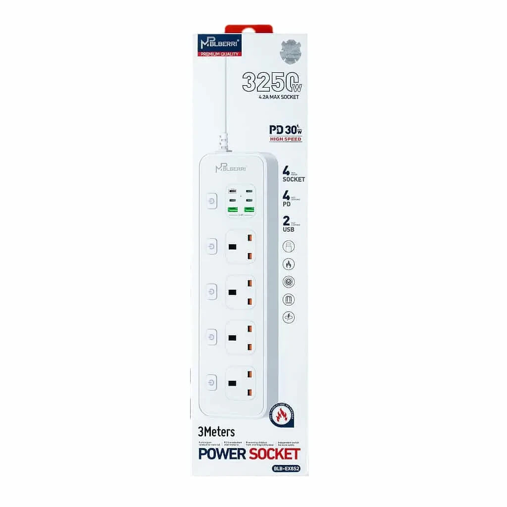 mpBLBERRI 3250W Power Strip Extension Cord – 3 Meter, 4 AC Sockets + 4 PD Fast Charging Ports + 2 USB Outputs – Fireproof PC Housing, Universal Voltage 100V-250V – White - Damoo