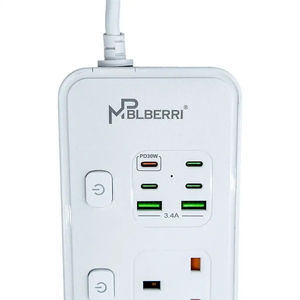 mpBLBERRI 3250W Power Strip Extension Cord – 3 Meter, 4 AC Sockets + 4 PD Fast Charging Ports + 2 USB Outputs – Fireproof PC Housing, Universal Voltage 100V-250V – White - Damoo