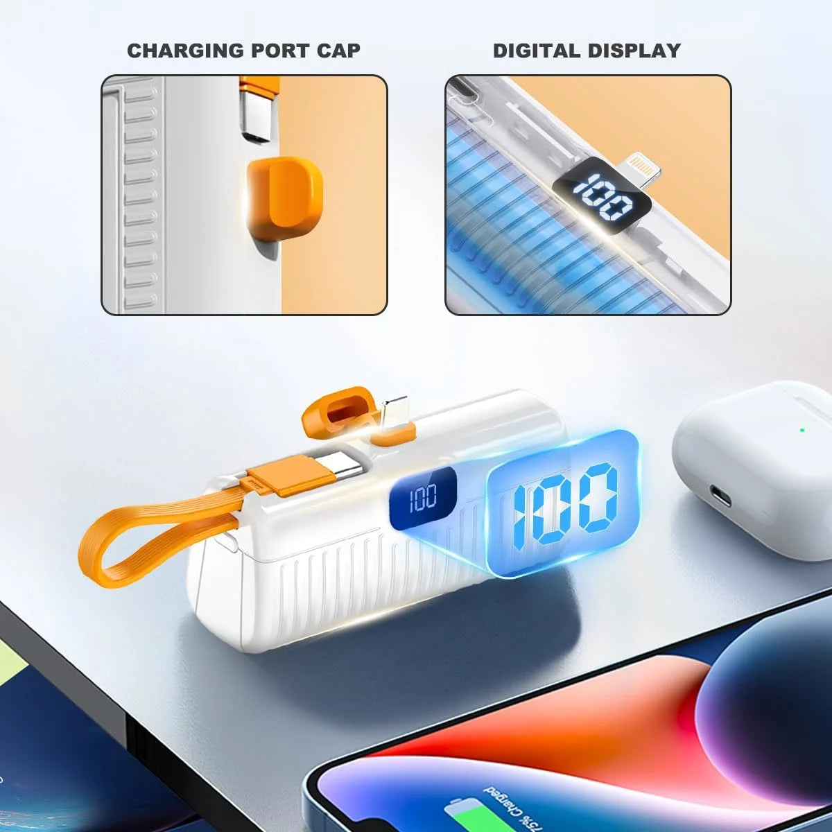 mpBLBERRI 5000mAh Portable Charger Power Bank with Built-in Cables & Stand, Airline Approved, USB-C Compatible, for iPhone, Samsung, and Android Phones - Damoo