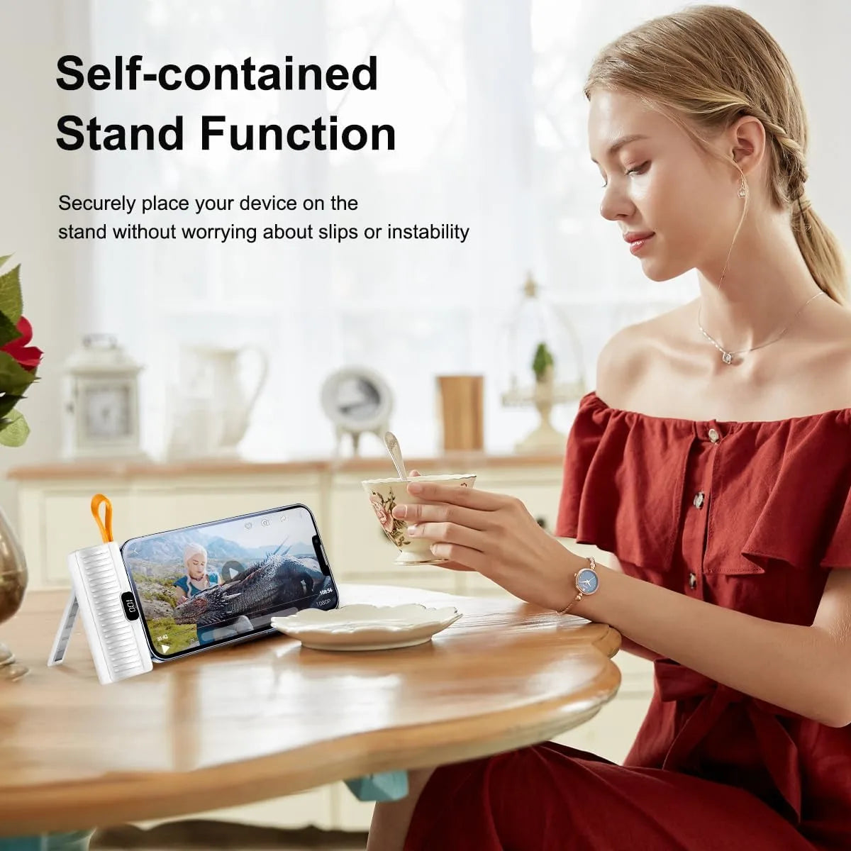 mpBLBERRI 5000mAh Portable Charger Power Bank with Built-in Cables & Stand, Airline Approved, USB-C Compatible, for iPhone, Samsung, and Android Phones - Damoo