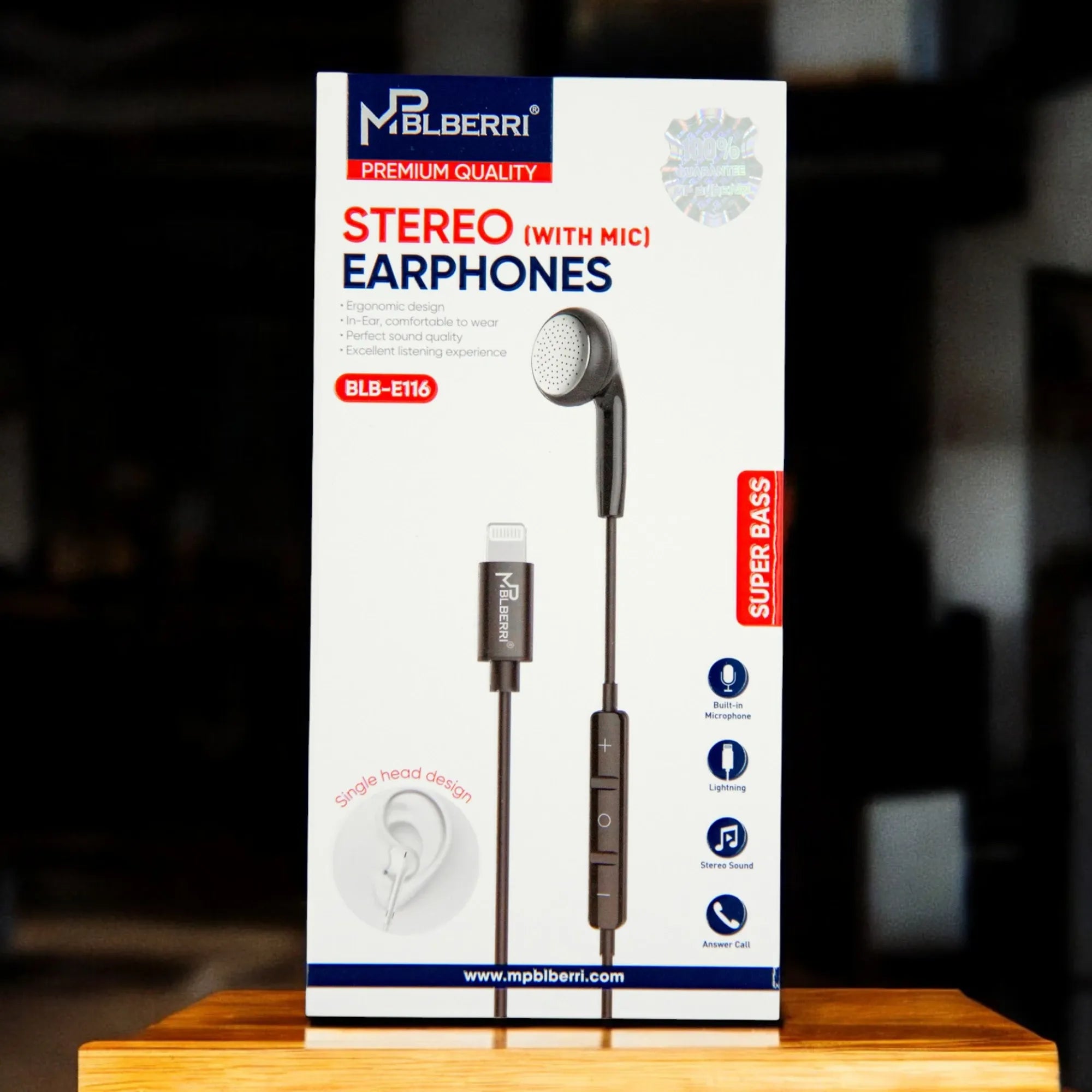 mpBLBERRI Stereo Earphone with Lightning Connector – Ear Wired Mono Earphone with Mic, Deep Bass, 1.2m Braided Cable, 14mm Speaker Size for iPhone - Damoo