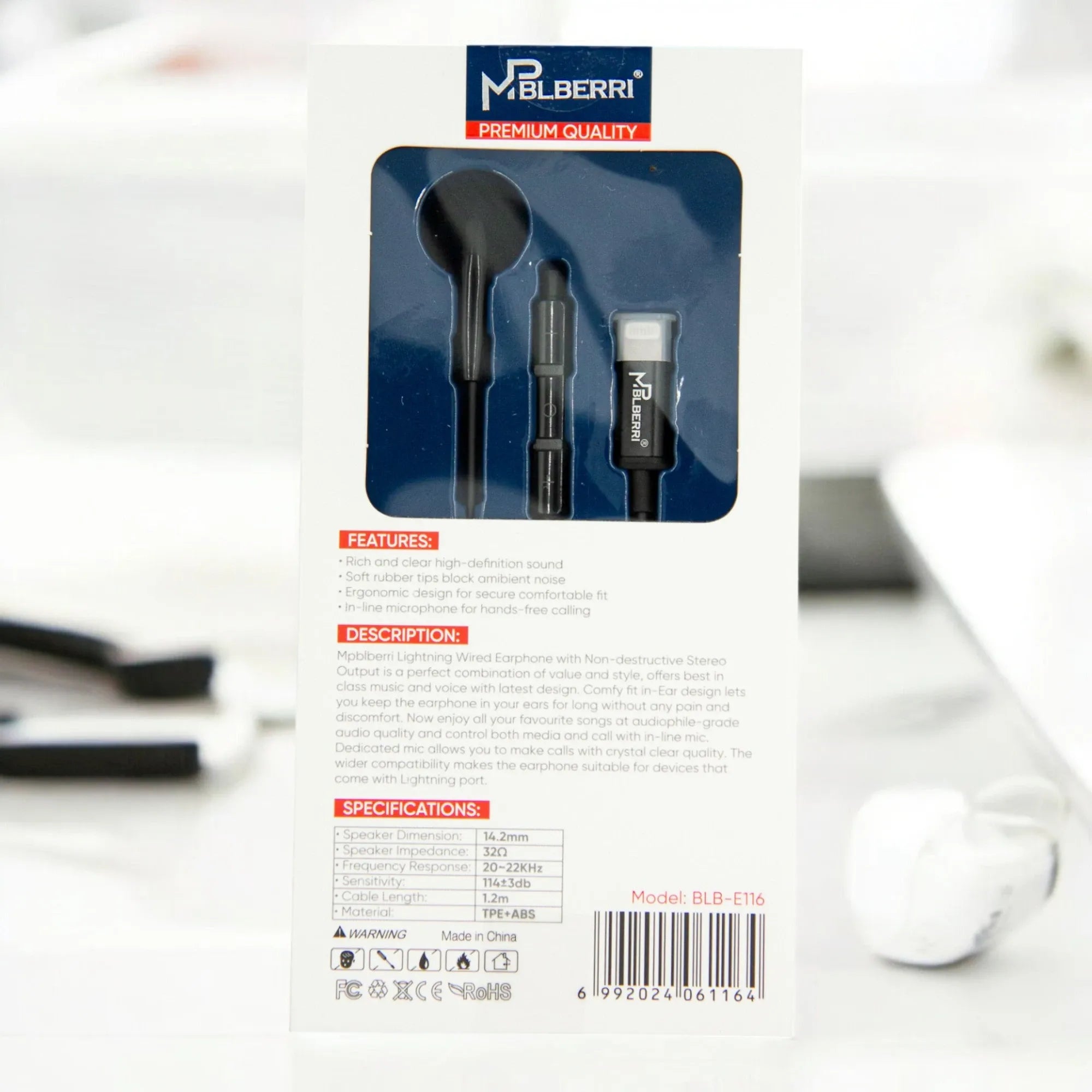 mpBLBERRI Stereo Earphone with Lightning Connector – Ear Wired Mono Earphone with Mic, Deep Bass, 1.2m Braided Cable, 14mm Speaker Size for iPhone - Damoo