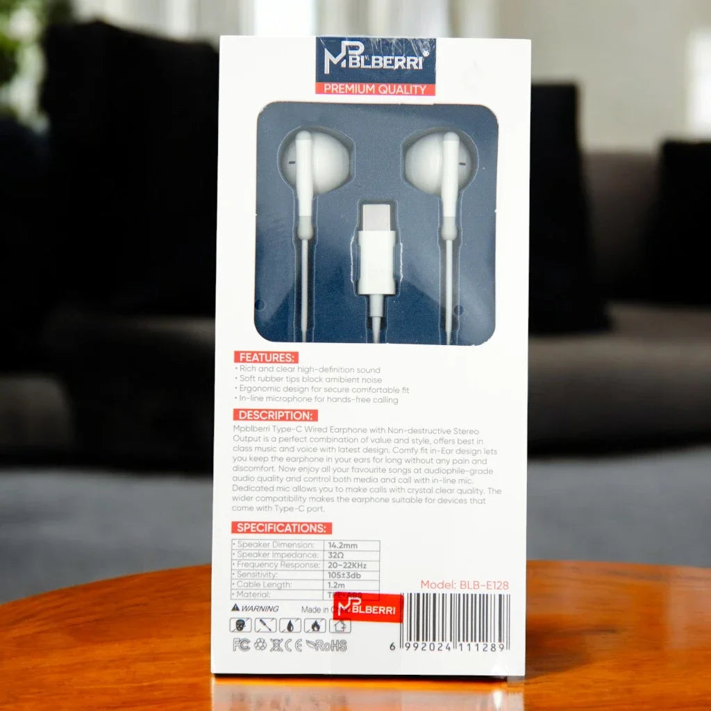 mpBLBERRI Type-C Earphones (1.2m) – HD Sound, Comfortable Fit, Compatible with All USB-C Devices including iPhone 15 Series - Damoo