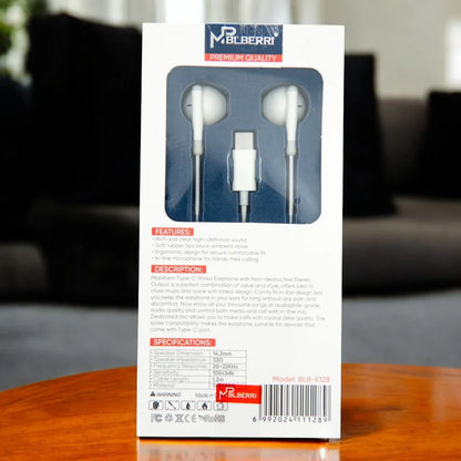 mpBLBERRI Type-C Earphones (1.2m) – HD Sound, Comfortable Fit, Compatible with All USB-C Devices including iPhone 15 Series - Damoo
