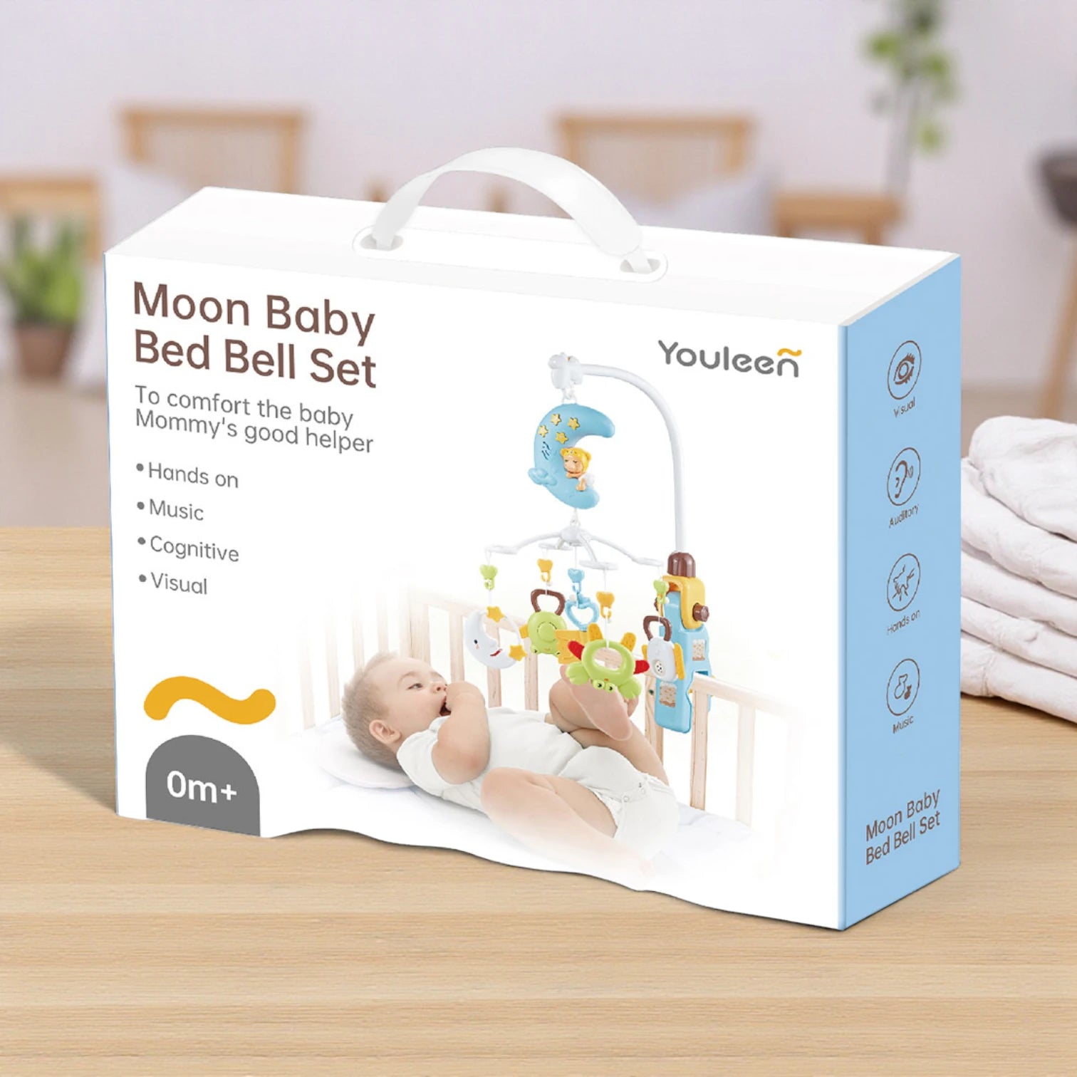 Youleen Moon Baby Bed Bell Set – Musical Carousel with Lights & Hanging Toys | Crib Mobile for Newborns 0M+ with Music & Visual Stimulation - Damoo