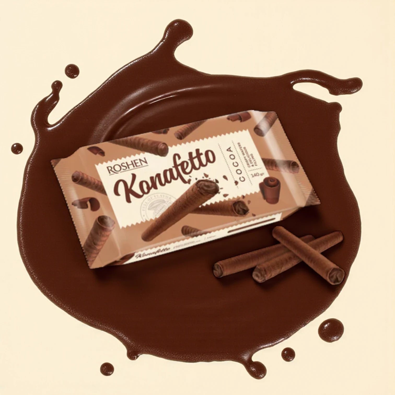 Roshen Konafetto Wafer Rolls with Cocoa Cream – 3X140g | Crispy Rolled Wafers with Cocoa-Flavored Cream | Sweet Snack or Dessert Treat - Damoo