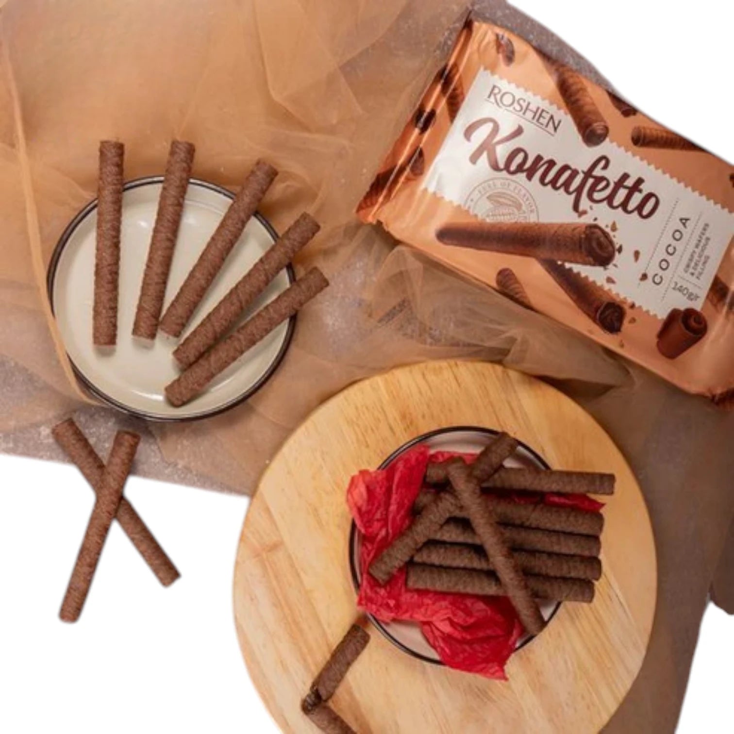 Roshen Konafetto Wafer Rolls with Cocoa Cream – 3X140g | Crispy Rolled Wafers with Cocoa-Flavored Cream | Sweet Snack or Dessert Treat - Damoo