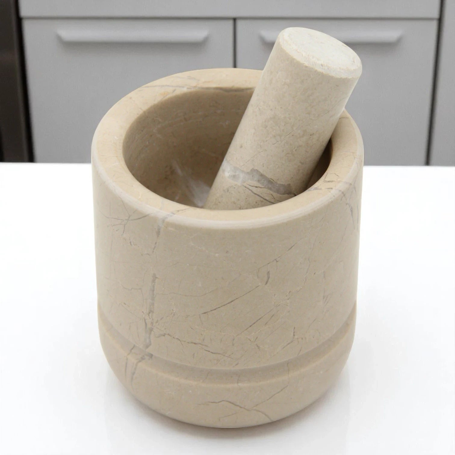 Natural Beige Marble Mortar and Pestle Set – Heavy Duty Stone Grinder for Spices, Herbs & Kitchen Use - Damoo