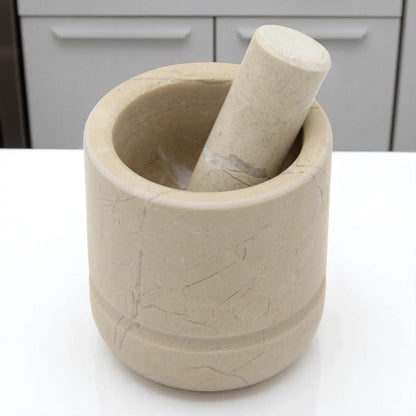 Natural Beige Marble Mortar and Pestle Set – Heavy Duty Stone Grinder for Spices, Herbs & Kitchen Use - Damoo