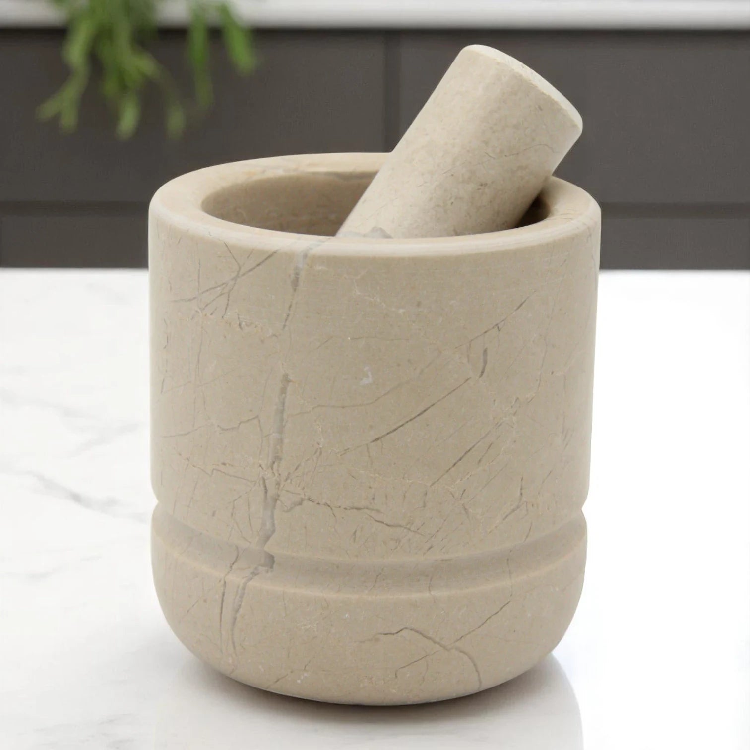 Natural Beige Marble Mortar and Pestle Set – Heavy Duty Stone Grinder for Spices, Herbs & Kitchen Use - Damoo