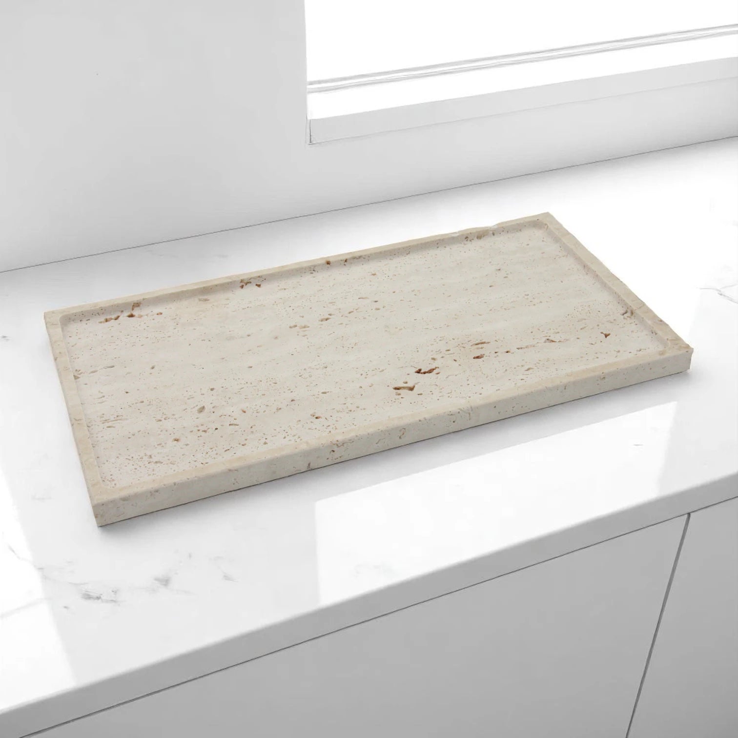 Natural Travertine Decorative Tray – Rectangular Marble Tray for Counter, Kitchen, Vanity, Dresser, Nightstand, or Desk - Multipurpose Stone Serving Tray by Damoo - Damoo