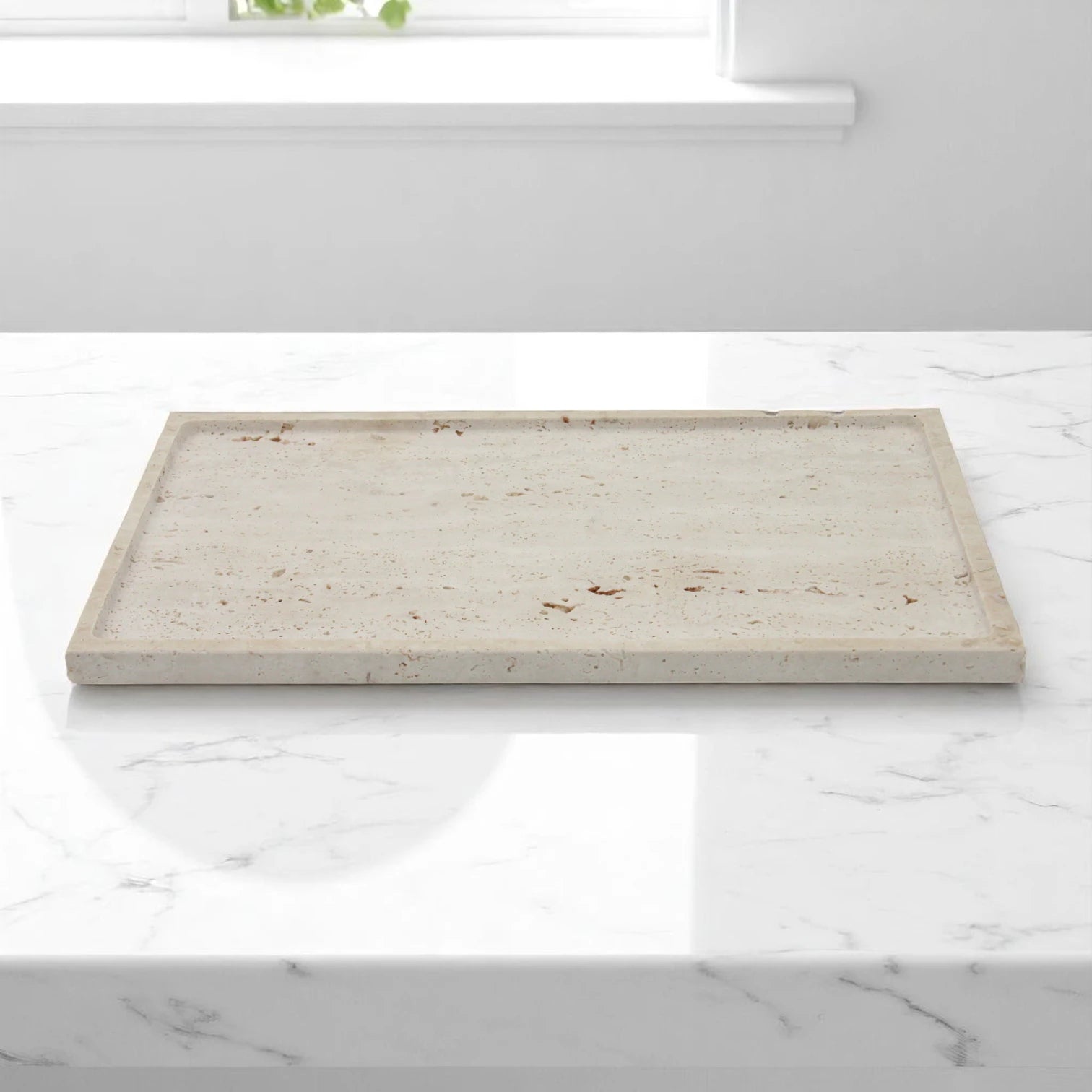 Natural Travertine Decorative Tray – Rectangular Marble Tray for Counter, Kitchen, Vanity, Dresser, Nightstand, or Desk - Multipurpose Stone Serving Tray by Damoo - Damoo