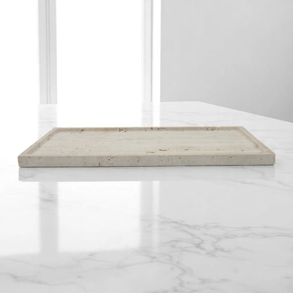 Natural Travertine Decorative Tray – Rectangular Marble Tray for Counter, Kitchen, Vanity, Dresser, Nightstand, or Desk - Multipurpose Stone Serving Tray by Damoo - Damoo