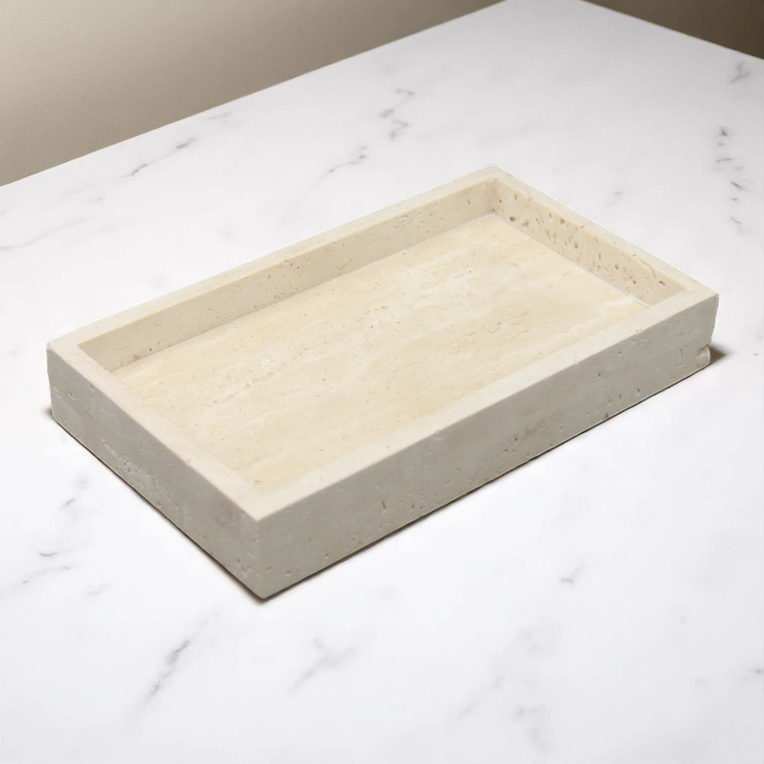 Natural Travertine Rectangular Tray – Minimalist Stone Vanity Organizer for Jewelry, Candles & Bathroom Decor - Damoo
