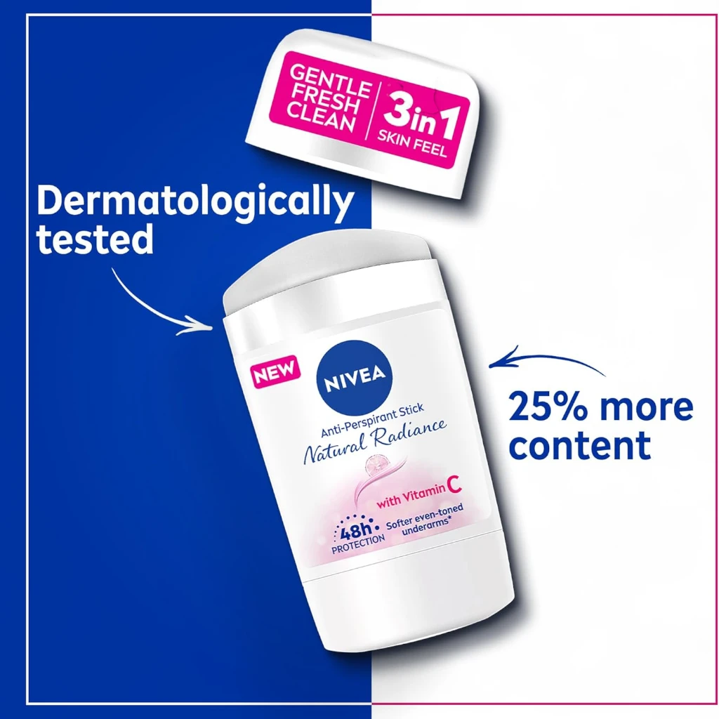 NIVEA 3 in 1 Antiperspirant Stick for Women 50ml – Natural Radiance with Vitamin C, 48h Protection, Alcohol-Free - Damoo