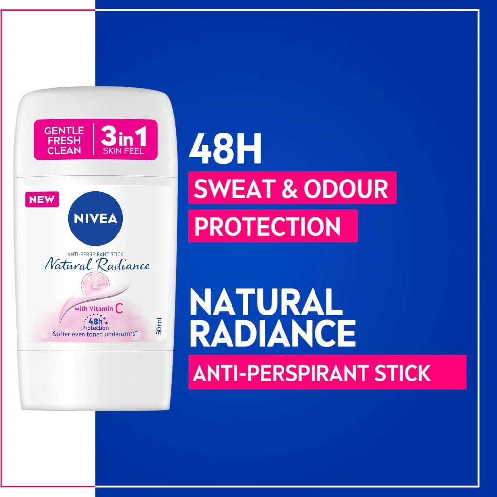 NIVEA 3 in 1 Antiperspirant Stick for Women 50ml – Natural Radiance with Vitamin C, 48h Protection, Alcohol-Free - Damoo