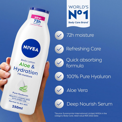 NIVEA Aloe & Hydration Body Lotion – 250 ML | 5in1 Complete Care | Deep Moisture Serum with Aloe Vera | For Normal to Dry Skin | 72H Hydration | Fast-Absorbing & Non-Greasy - Damoo