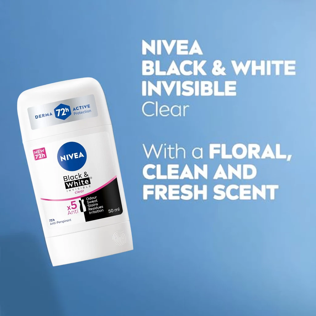 NIVEA Black & White Invisible Deodorant Stick for Women 50ml – 72H Antiperspirant, 5-in-1 Sweat & Odor Protection, No Stains or Residue, Alcohol-Free - Damoo