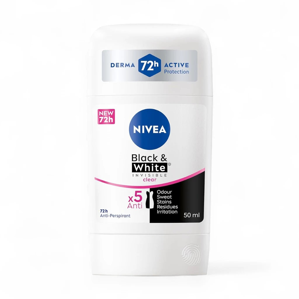 NIVEA Black & White Invisible Deodorant Stick for Women 50ml – 72H Antiperspirant, 5-in-1 Sweat & Odor Protection, No Stains or Residue, Alcohol-Free - Damoo