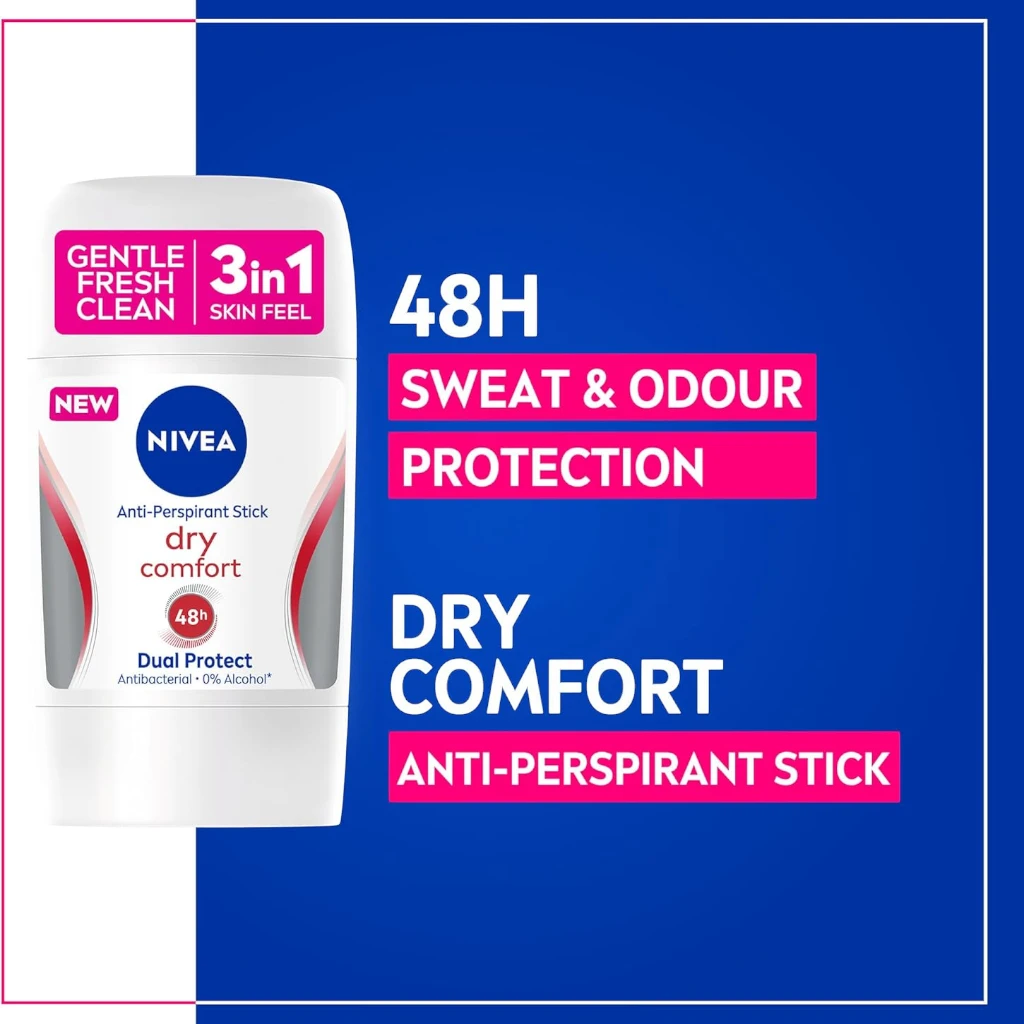 NIVEA Dry Comfort 3 in 1 Antiperspirant Stick for Women 50ml – 48H Sweat & Odour Protection, Quick Dry Formula, DryPlus System, Alcohol-Free - Damoo