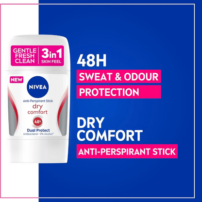 NIVEA Dry Comfort 3 in 1 Antiperspirant Stick for Women 50ml – 48H Sweat & Odour Protection, Quick Dry Formula, DryPlus System, Alcohol-Free - Damoo