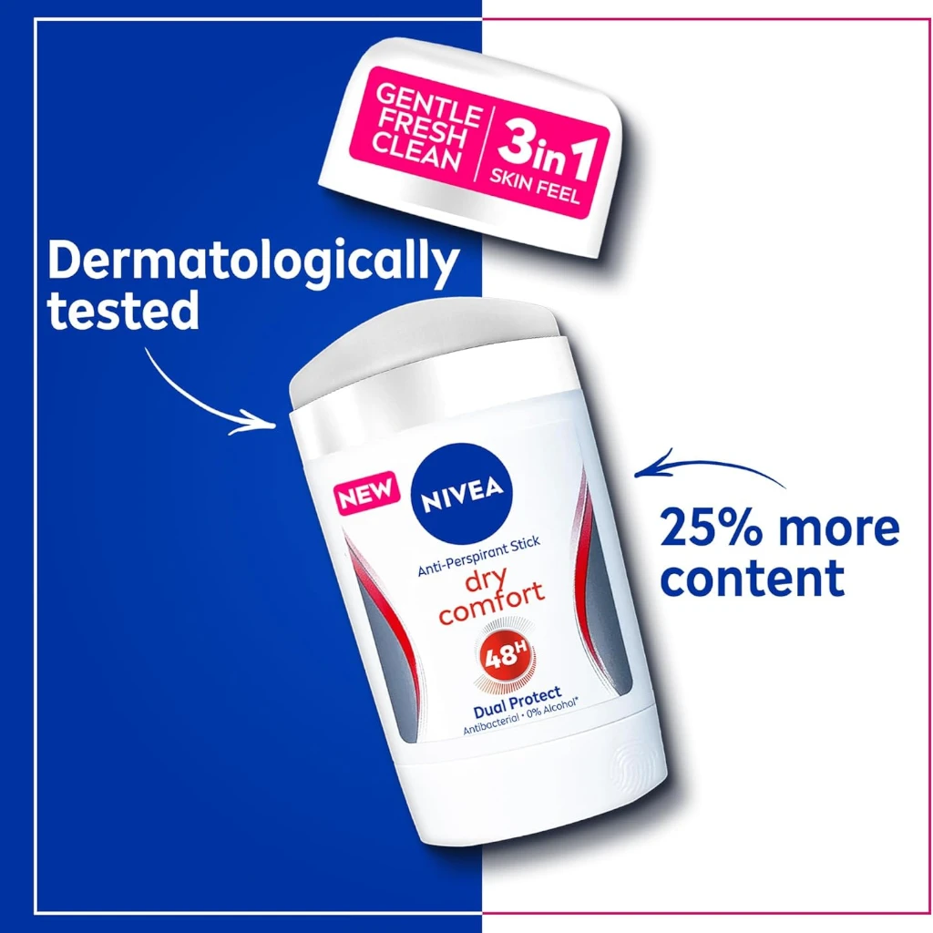 NIVEA Dry Comfort 3 in 1 Antiperspirant Stick for Women 50ml – 48H Sweat & Odour Protection, Quick Dry Formula, DryPlus System, Alcohol-Free - Damoo