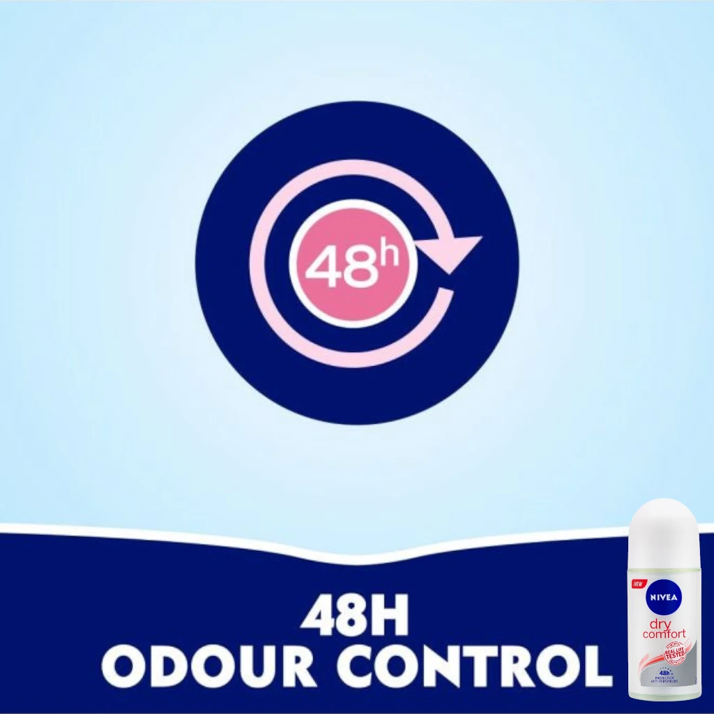 NIVEA Dry Comfort Antiperspirant Roll-On for Women 50ml – 48H Sweat & Odor Protection, Quick-Dry, Alcohol-Free, Mineral-Enriched - Damoo