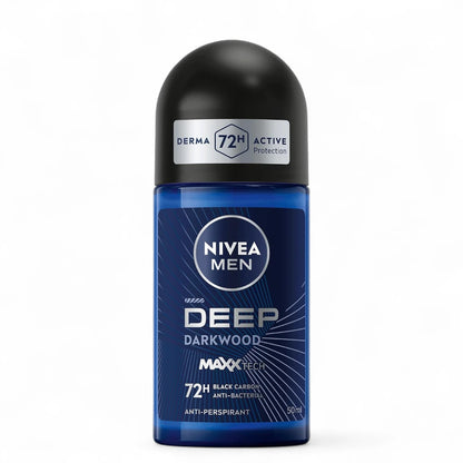 NIVEA MEN Antiperspirant Roll-On Deodorant for Men, DEEP Black Carbon, 72H Sweat & Odour Protection, No Residue, 50ml - Damoo