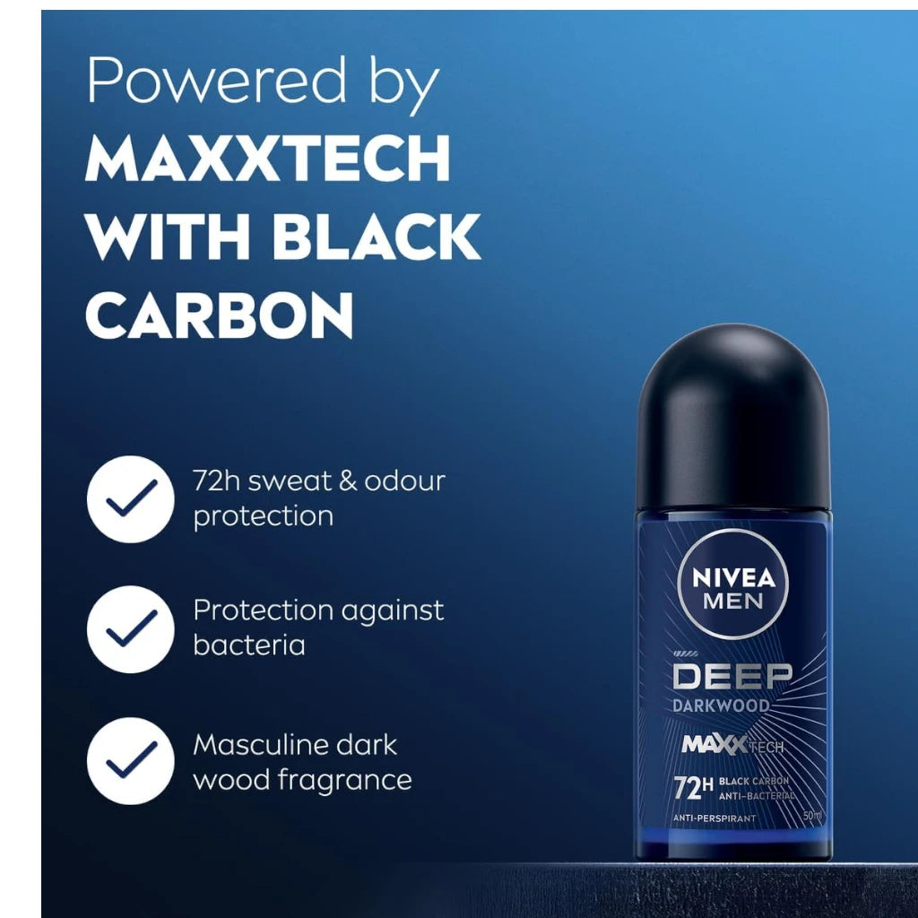 NIVEA MEN Antiperspirant Roll-On Deodorant for Men, DEEP Black Carbon, 72H Sweat & Odour Protection, No Residue, 50ml - Damoo