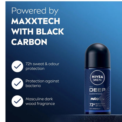 NIVEA MEN Antiperspirant Roll-On Deodorant for Men, DEEP Black Carbon, 72H Sweat & Odour Protection, No Residue, 50ml - Damoo