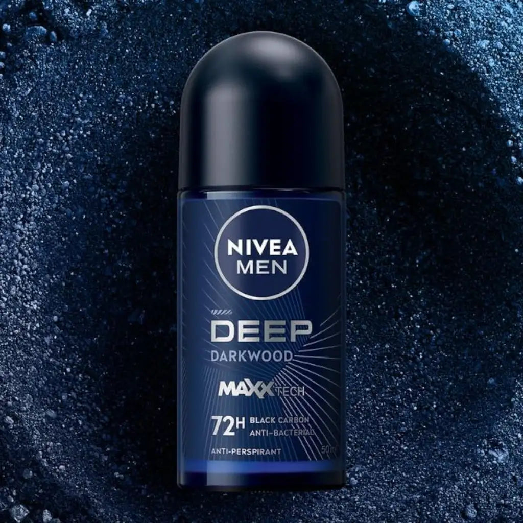 NIVEA MEN Antiperspirant Roll-On Deodorant for Men, DEEP Black Carbon, 72H Sweat & Odour Protection, No Residue, 50ml - Damoo