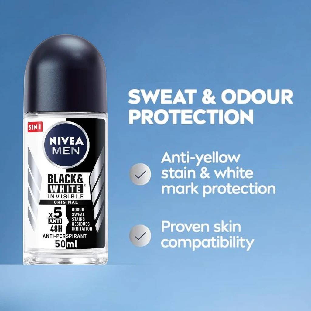 NIVEA Men Black & White Invisible Original Roll-On Antiperspirant – 48H Protection, No White Marks or Yellow Stains, Alcohol-Free, 50ml - Damoo