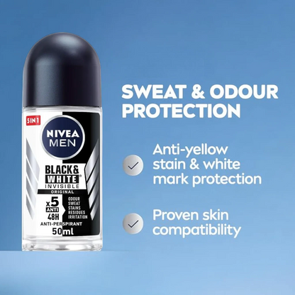 NIVEA Men Black & White Invisible Original Roll-On Antiperspirant – 48H Protection, No White Marks or Yellow Stains, Alcohol-Free, 50ml - Damoo