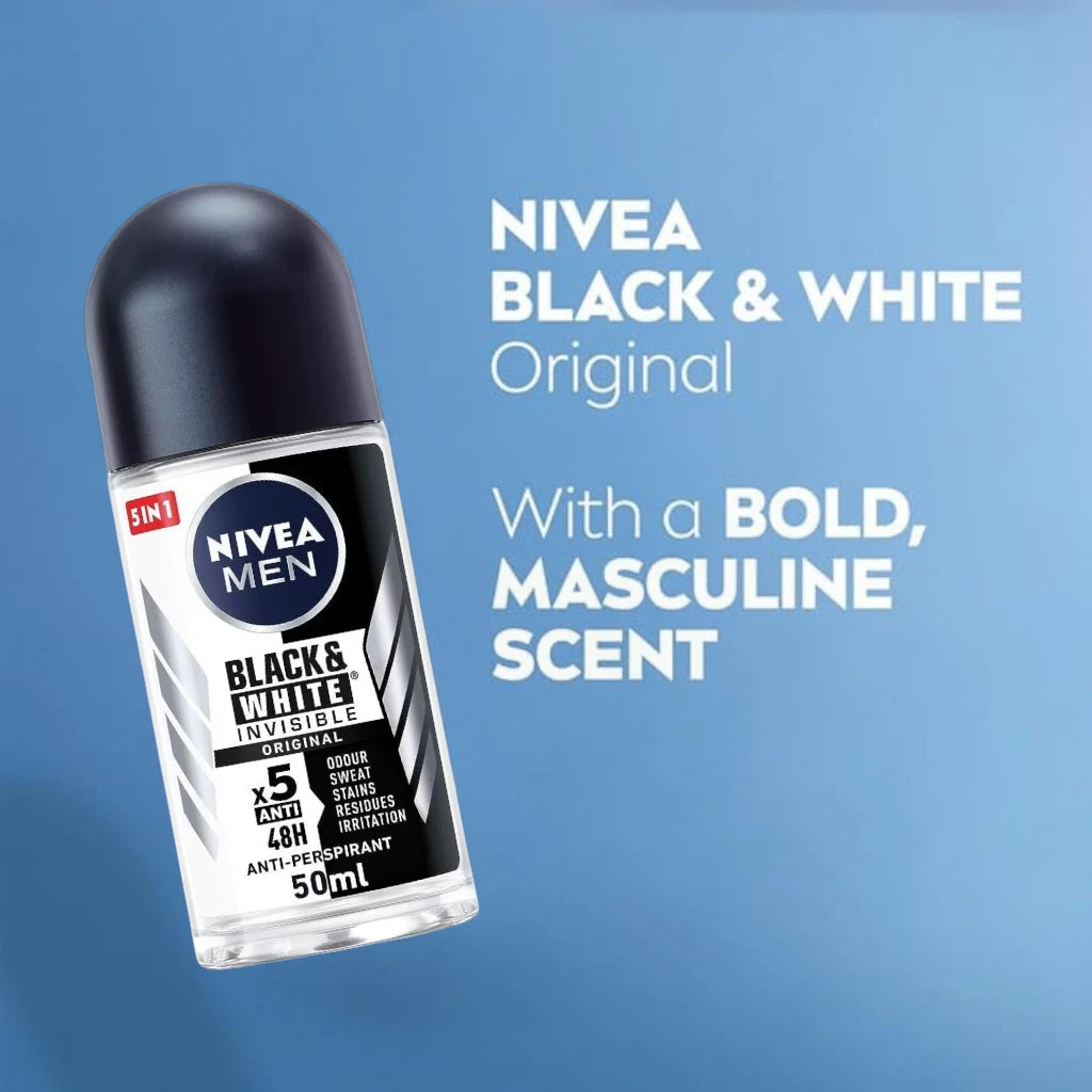 NIVEA Men Black & White Invisible Original Roll-On Antiperspirant – 48H Protection, No White Marks or Yellow Stains, Alcohol-Free, 50ml - Damoo