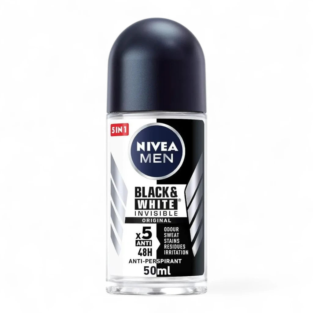 NIVEA Men Black & White Invisible Original Roll-On Antiperspirant – 48H Protection, No White Marks or Yellow Stains, Alcohol-Free, 50ml - Damoo