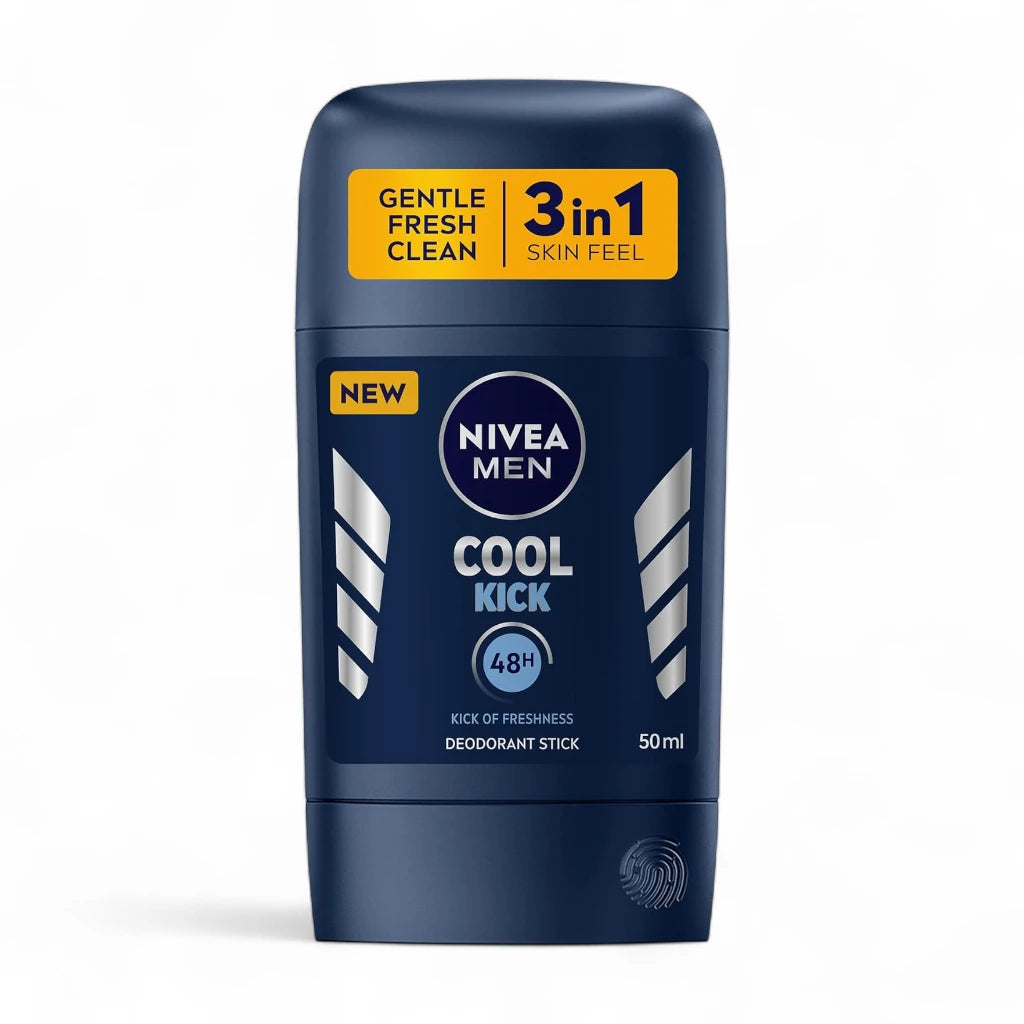 NIVEA MEN Cool Kick 3 in 1 Deodorant Stick 50ml – 48h Antiperspirant Protection with Fresh Scent & Cool-Care Formula, Alcohol-Free - Damoo