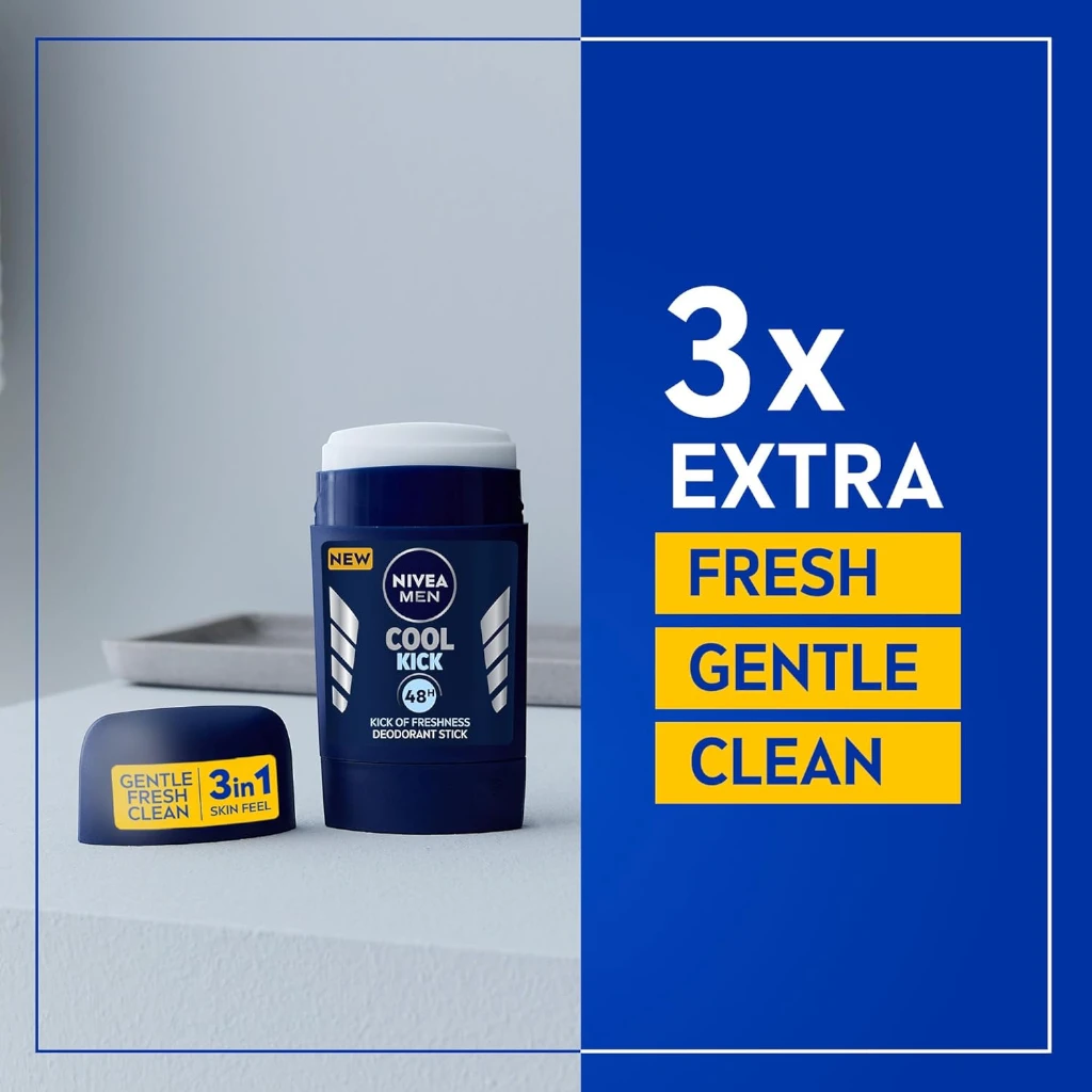 NIVEA MEN Cool Kick 3 in 1 Deodorant Stick 50ml – 48h Antiperspirant Protection with Fresh Scent & Cool-Care Formula, Alcohol-Free - Damoo