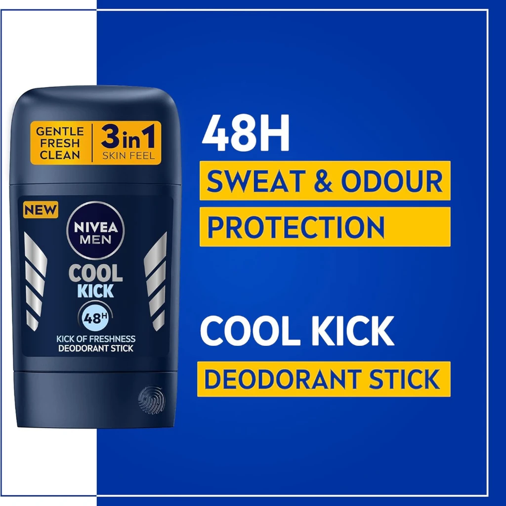 NIVEA MEN Cool Kick 3 in 1 Deodorant Stick 50ml – 48h Antiperspirant Protection with Fresh Scent & Cool-Care Formula, Alcohol-Free - Damoo
