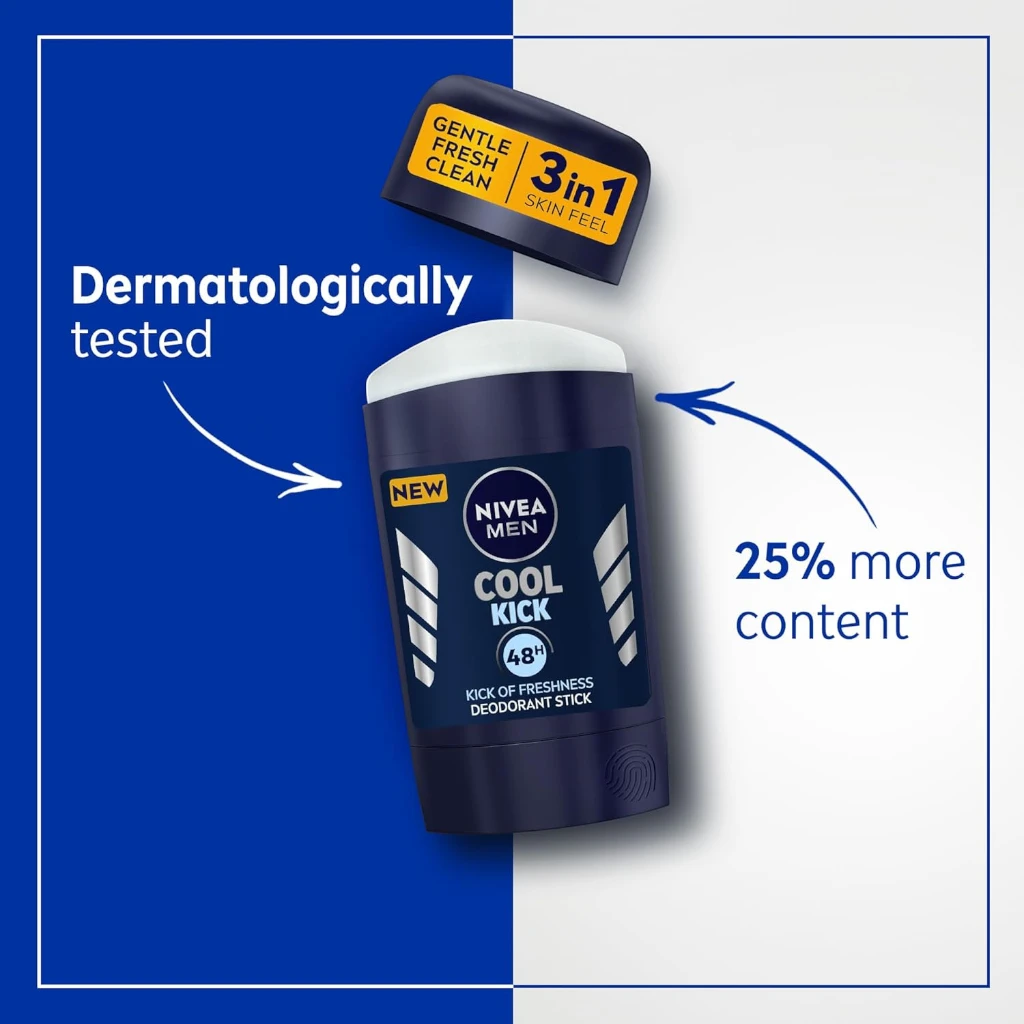 NIVEA MEN Cool Kick 3 in 1 Deodorant Stick 50ml – 48h Antiperspirant Protection with Fresh Scent & Cool-Care Formula, Alcohol-Free - Damoo