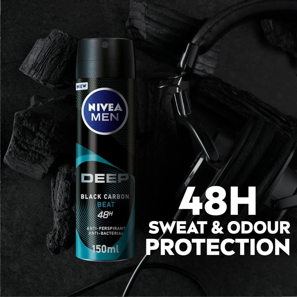NIVEA MEN Deep Beat Antiperspirant Spray for Men 150ml – 48H Sweat & Odor Protection with Black Carbon – No Residue, Wood Fresh Scent - Damoo