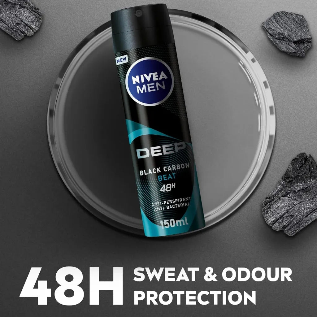 NIVEA MEN Deep Beat Antiperspirant Spray for Men 150ml – 48H Sweat & Odor Protection with Black Carbon – No Residue, Wood Fresh Scent - Damoo