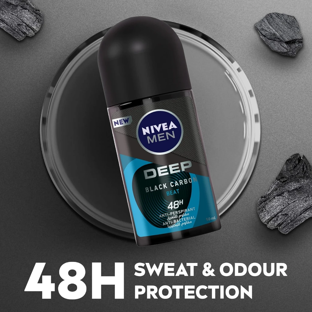 NIVEA MEN Deep Beat Black Carbon Antiperspirant Roll-on 50ml, 48H Sweat & Odour Protection, Antibacterial Formula, Wood Fresh Scent - Damoo