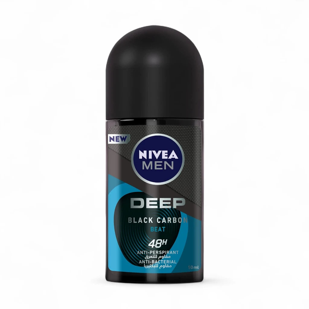 NIVEA MEN Deep Beat Black Carbon Antiperspirant Roll-on 50ml, 48H Sweat & Odour Protection, Antibacterial Formula, Wood Fresh Scent - Damoo