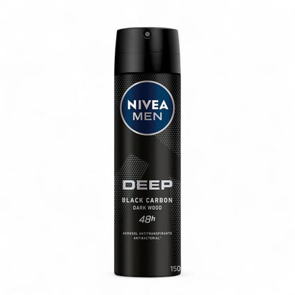 NIVEA MEN Deep Black Carbon Antibacterial Deodorant Spray 150ml – 48H Protection with Charcoal, No Residue - Damoo