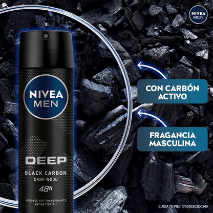 NIVEA MEN Deep Black Carbon Antibacterial Deodorant Spray 150ml – 48H Protection with Charcoal, No Residue - Damoo